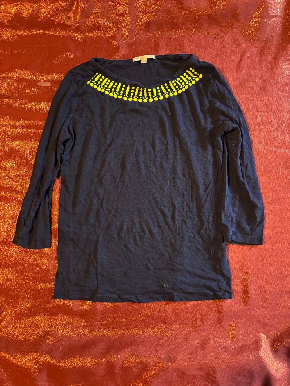 Gap Top Womens S Black Long Sleeve Beaded Embellished Neckline Boatneck Tunic
